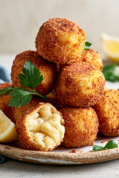 A stack of golden-brown, freshly fried Spanish croquetas piled on a rustic plate, with a sprig of parsley and a wedge of lemon.