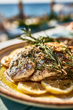 A grilled fish seasoned with fresh herbs (rosemary and thyme), lemon slices, and a drizzle of golden extra virgin olive oil on a ceramic plate.