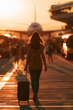 A female traveler walking on an airport tarmac at golden hour. She has a tan backpack on her shoulders and holds the handle of a rolling suitcase.