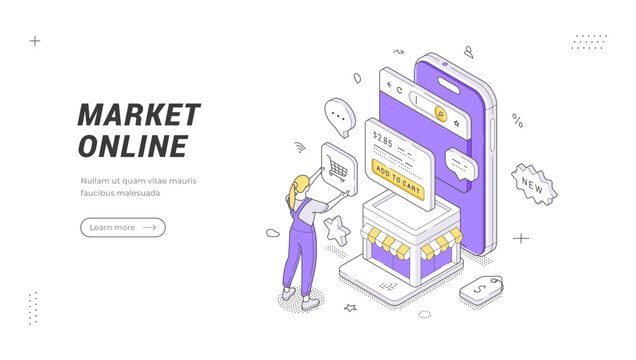 Isometric vector illustration of an online market. An e-commerce and digital shopping web banner or mobile store template. Internet retail, product order, and home delivery service concept