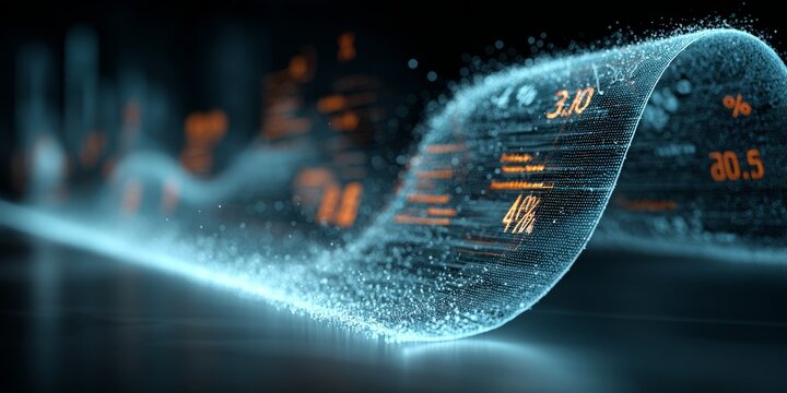 Digital wave of financial data with percentage symbols representing interest rates, market analytics, inflation