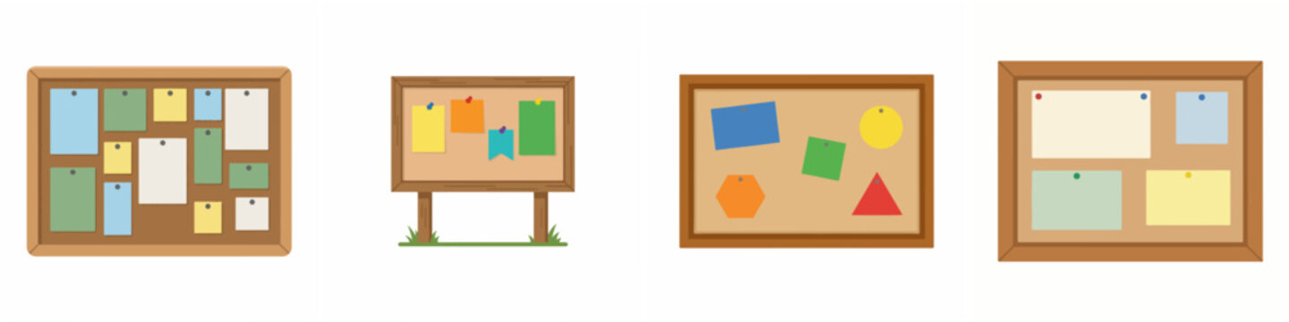 Set of cork bulletin boards with colorful paper notes and push pins on white background