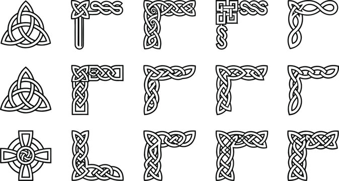 Celtic knot corner border frames and traditional trinity knot symbols graphic vector icon set
