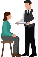 Obraz premium Flat vector illustration of a waiter in a black vest and tie serving a plate of food to a seated female customer on a wooden stool, restaurant service scene