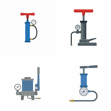 Set of four manual air pumps with pressure gauges for bicycle and car tire inflation in flat vector illustration style isolated on white background