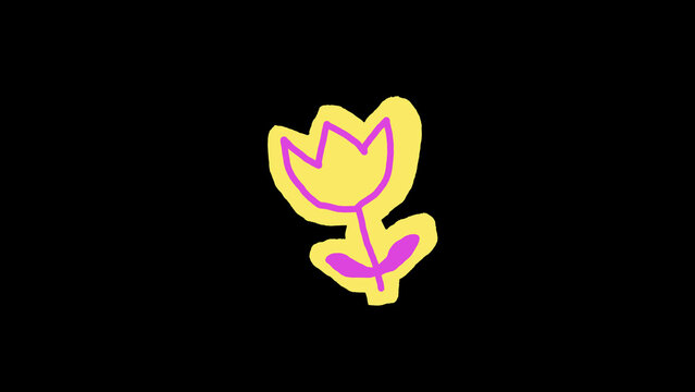 Simple hand drawn yellow and pink tulip flower vector illustration on black background, neon doodle plant icon logo