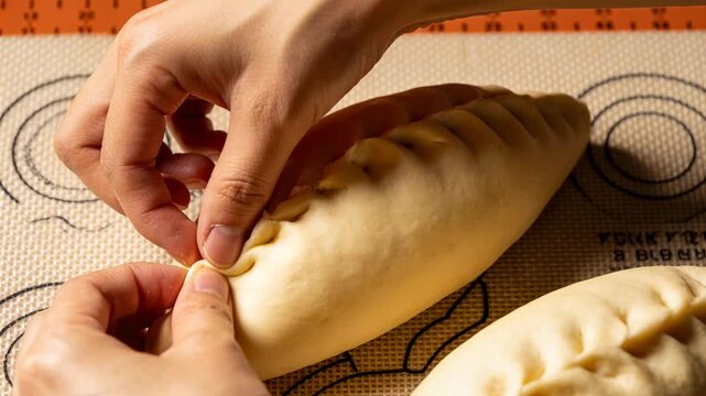Hands reaching seam, pinching and crimping pastry on silicone mat in kitchen to seal, second pastry
