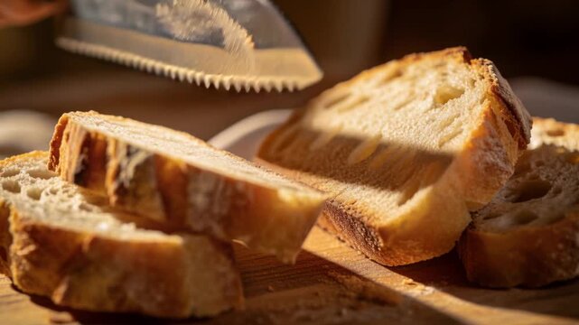 Touching serrated blade to crust, hand sawing bread on cutting board, scattering crumbs for serving
