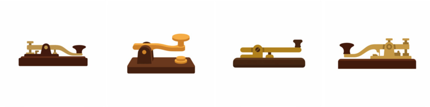 Set of vintage Morse code telegraph keys icons isolated on white background. Illustration of historical communication devices.