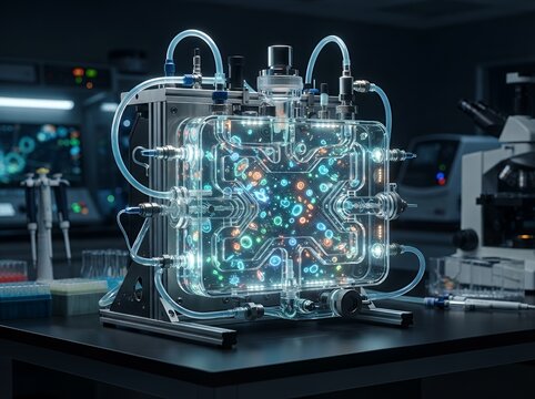 Futuristic Glass Biochip Reactor Glowing With Colorful Data In A Modern Dark Laboratory Environment