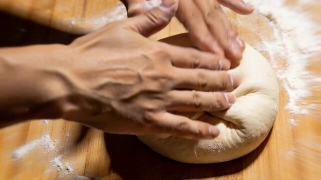 Pressing baker's fingertips, folding and pinching leavened dough on floured board for baking