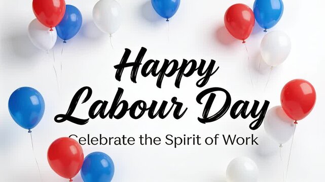 Looping central Happy Labour Day on white card, red blue white balloons bobbing, celebrating work
