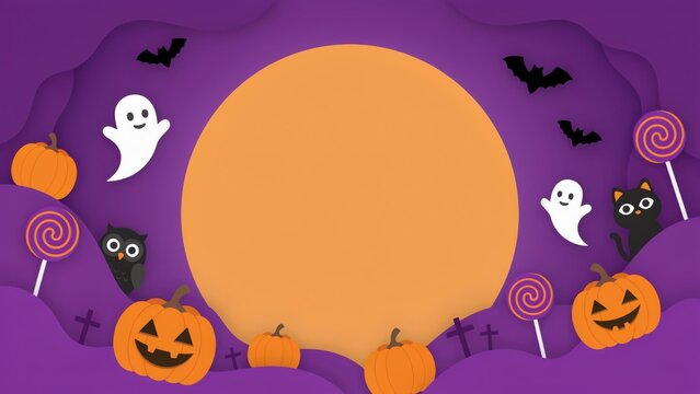Layered purple halloween background with giant orange circle offers creative space for text and announcements featuring ghosts and pumpkins in paper cut style.