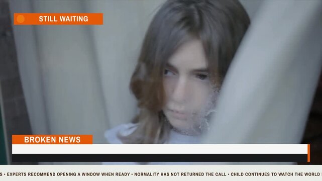 Sad young girl looking out window behind curtain in broadcast parody style. Conveys isolation, waiting, and melancholy for emotional storytelling.
