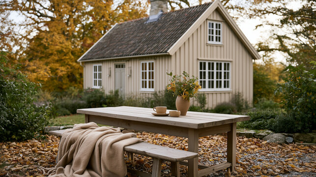 Cozy Wooden Picnic Table and Bench with Blanket and Coffee in Front of Autumn Cottage
