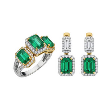 Elegant green gemstone stud earrings and ring set isolated on transparent background