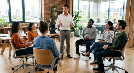 Obraz premium Confident Male Mentor Leading Workshop with Diverse Creative Team in Modern Office