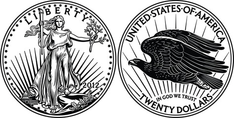 American double eagle gold coin design set with lady liberty and flying eagle vector illustration obverse reverse sides © MDNAIMUR