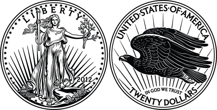 American double eagle gold coin design set with lady liberty and flying eagle vector illustration obverse reverse sides