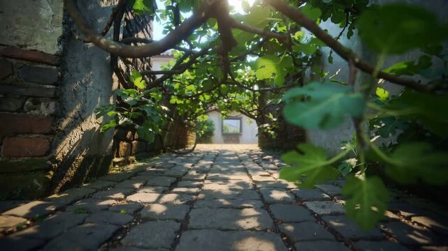Breeze nudging leafy canopy moving forward over cobbles leading to sunlit yard with potted plant