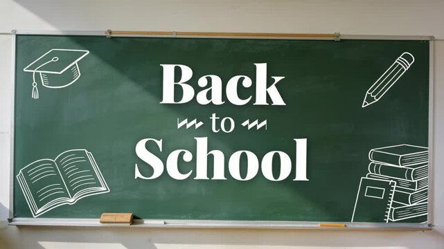 Showing chalkboard bearing Back to School message, tray with eraser and chalk, sunlight entering
