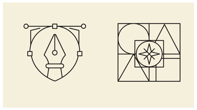 Graphic set featuring fountain pen tool icon and geometric shapes composition icon vector graphics design tools shape construction design icons drawing tool art tools