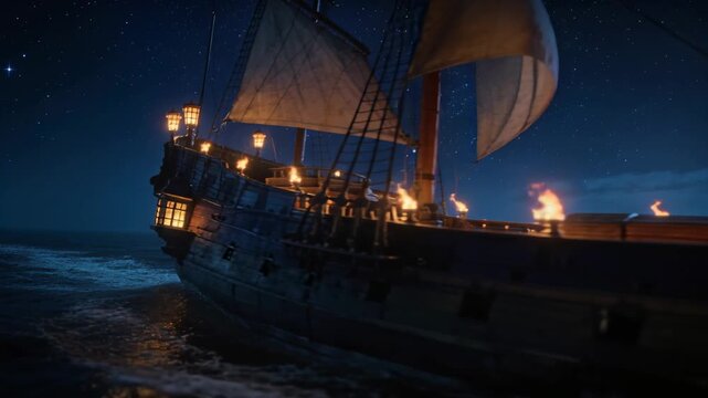 Sailing wooden square-rigged ship traversing open ocean at night, wave striking bow lanterns