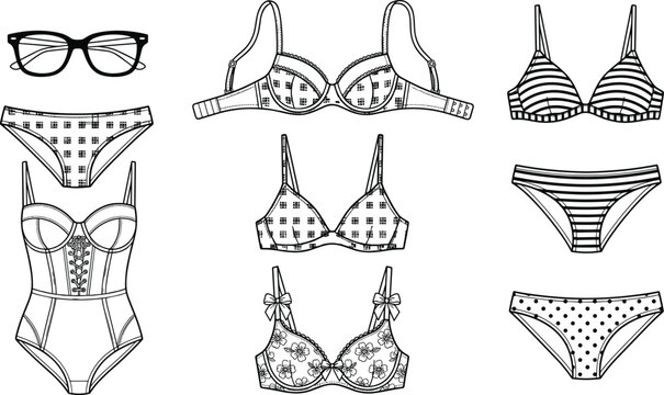 Women fashion lingerie and underwear collection hand drawn line art vector sketches set icons isolated on background