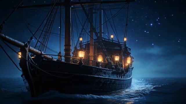 Drawing nearer, wooden sailing ship pivoting to port under starry sky, lanterns reflecting on wake
