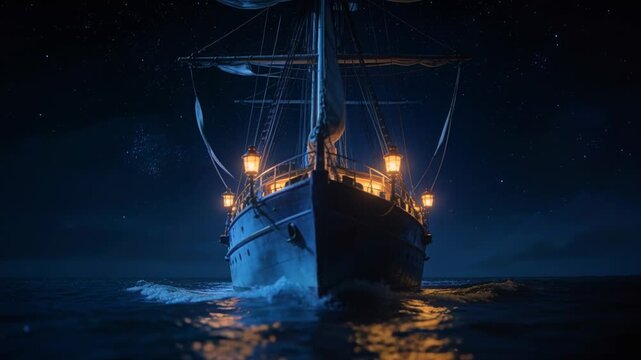 Sailing ship cutting through calm night sea with wind filling sail, lanterns reflecting on water