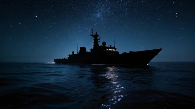 Tracking camera filming naval vessel crossing calm sea on night transit, bridge lights reflecting