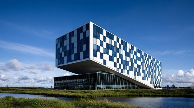 Modern building with checkerboard facade dramatically cantilevering over a lower structure, presenting innovative architecture beside water with a reflection