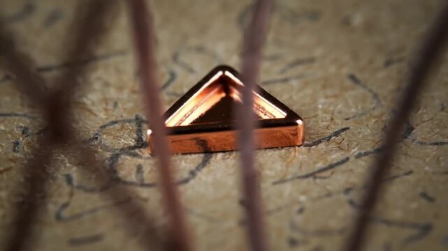 Shifting camera revealing copper triangle on fibrous paper, exposing hollow center, wires drifting
