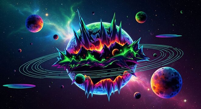 Vibrant cosmic planets with rings and nebulae in deep space illustration