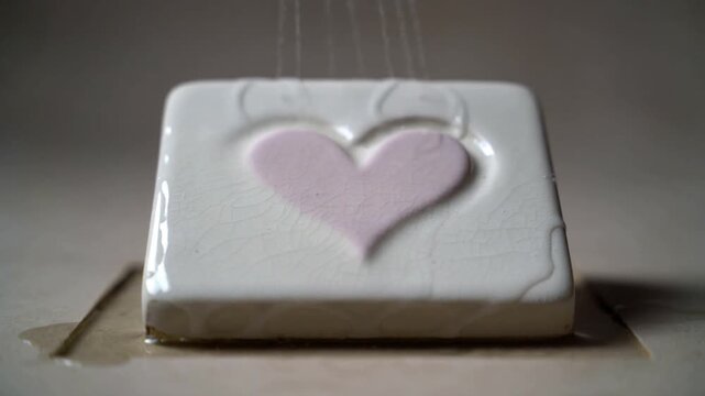 Falling water streams striking glazed tile embossed pale pink heart on tray revealing crazing