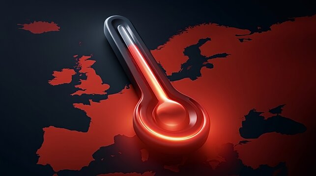 Red colored map of europe showing extreme heat, with a glowing red thermometer indicating rising temperatures and symbolizing global warming and climate change