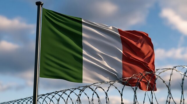 Italian tricolor flag waves against a blue sky while sharp barbed wire in the foreground evokes borders, security, migration and national identity tensions