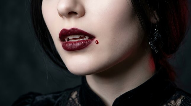 Dramatic portrait of a woman with dark lipstick and a hint of blood at the corner of her