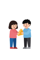 Fototapeta premium Charming hand-drawn vector illustration of two cheerful children grating cheese together, featuring a cute girl and boy sharing kitchen cooking fun, perfect for culinary designs, food education, and