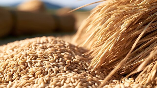 Golden rice grains and dried stalks in sunlight, close up of abundant cereal crop on a farm representing harvest, food production, sustainability and rural prosperity