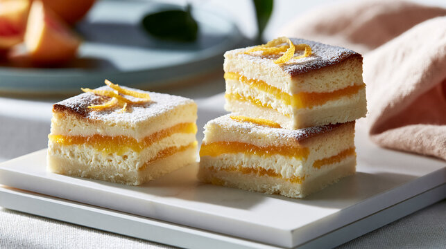Three square orange sponge cake bars featuring vibrant citrus curd and creamy white layers, garnished with powdered sugar and orange zest