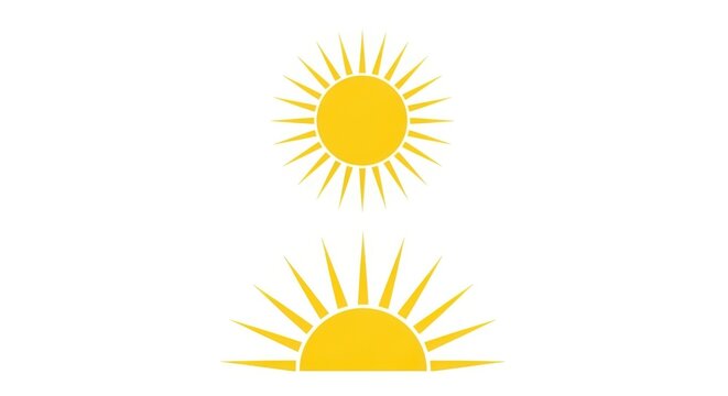 Set of yellow sun icons with rays, simple flat design elements for weather or summer themes