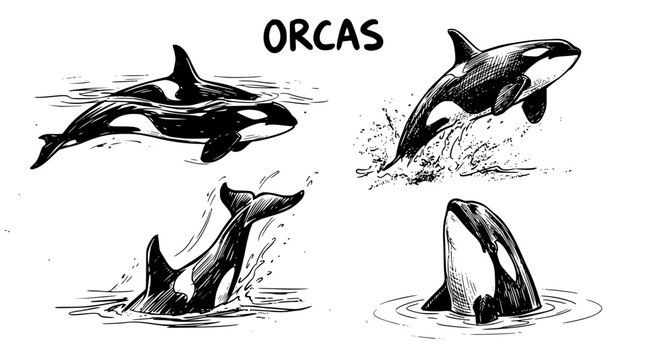Hand drawn vector illustration featuring active orcas swimming in water