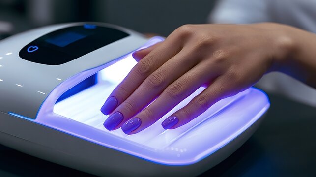 Woman's hand with glossy purple gel polish curing under a modern leduv lamp at a salon, close up of professional manicure treatment and hygienic nail care procedure