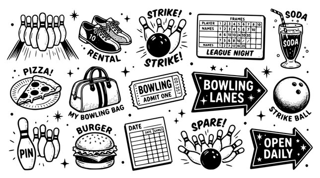 Bowling themed vector illustration set featuring pins balls and snacks