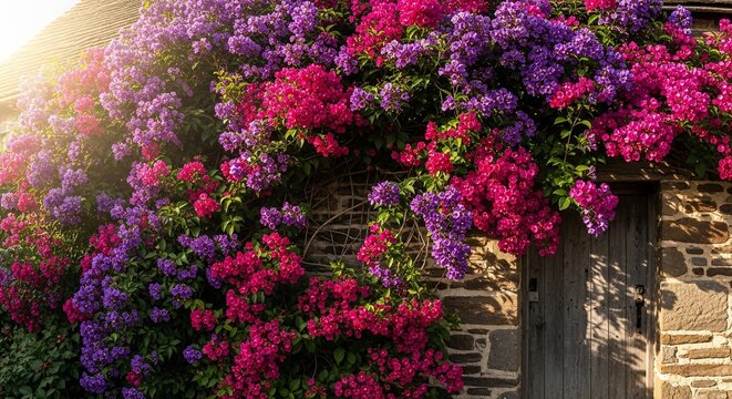 Vibrant flowers climbing stone wall