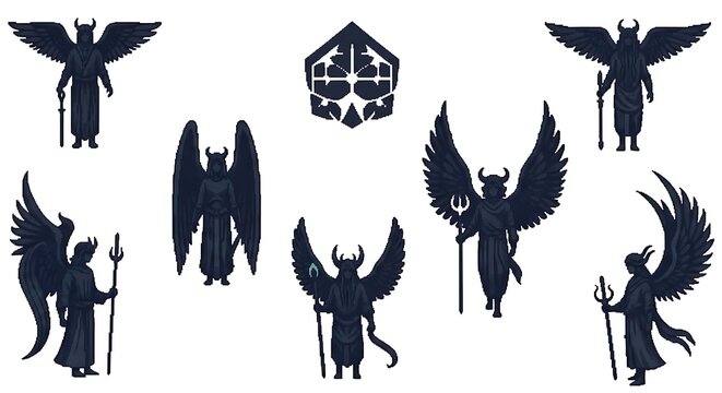 Dark mythical winged horned figures holding weapons on white background