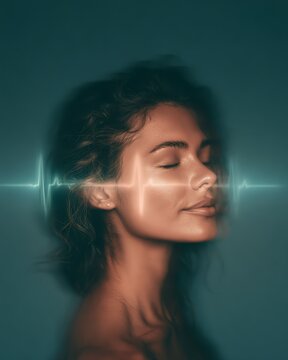 Woman profile with glowing heartbeat pulse waveform line concept