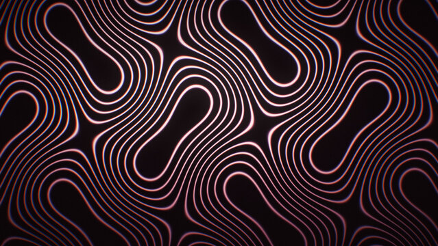 Abstract neon contour pattern with flowing wavy lines on a dark surface. Futuristic grain texture ideal for technology, music, and modern design backdrops.