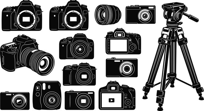Professional photography equipment silhouettes set with digital slr cameras mirrorless bodies lenses compact cameras and stable tripod vector